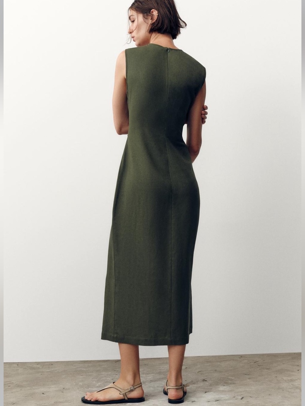 Zara Olive Green LINEN BELTED MIDI DRESS - Picture 8 of 15